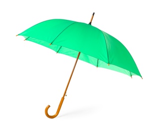 Photo of Modern opened green umbrella isolated on white