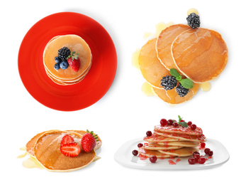 Image of Set of delicious pancakes with different toppings on white background