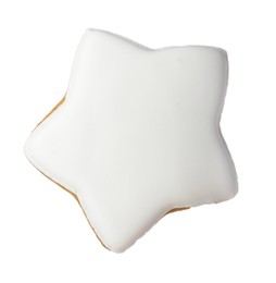 Photo of Tasty star shaped Christmas cookie with icing isolated on white