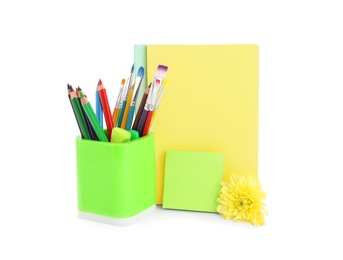 Photo of Beautiful flower and stationery on white background. Teacher's Day