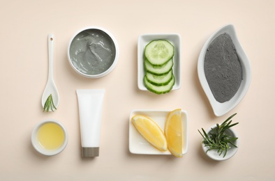 Photo of Homemade effective acne remedies and ingredients on light background, flat lay
