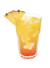 Photo of Glass of tasty pineapple cocktail with ice cubes isolated on white