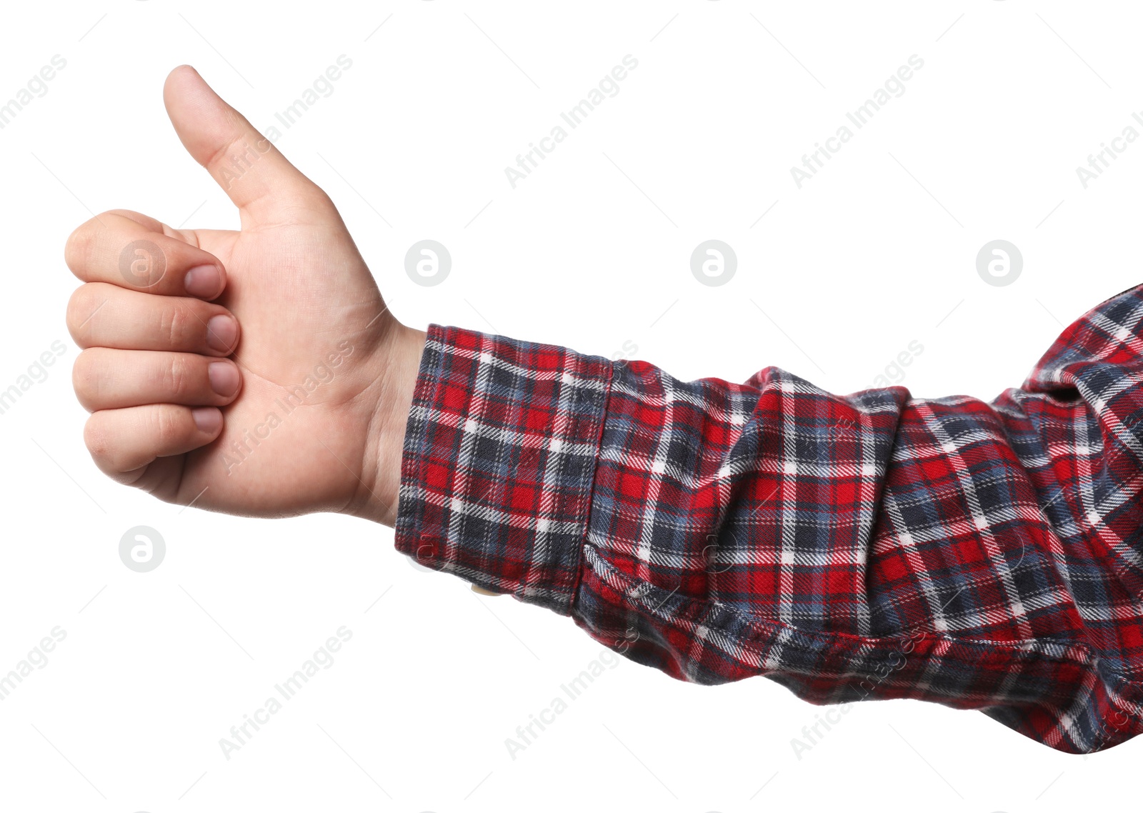 Photo of Man showing thumb up on white background, closeup of hand. Hitchhiking gesture