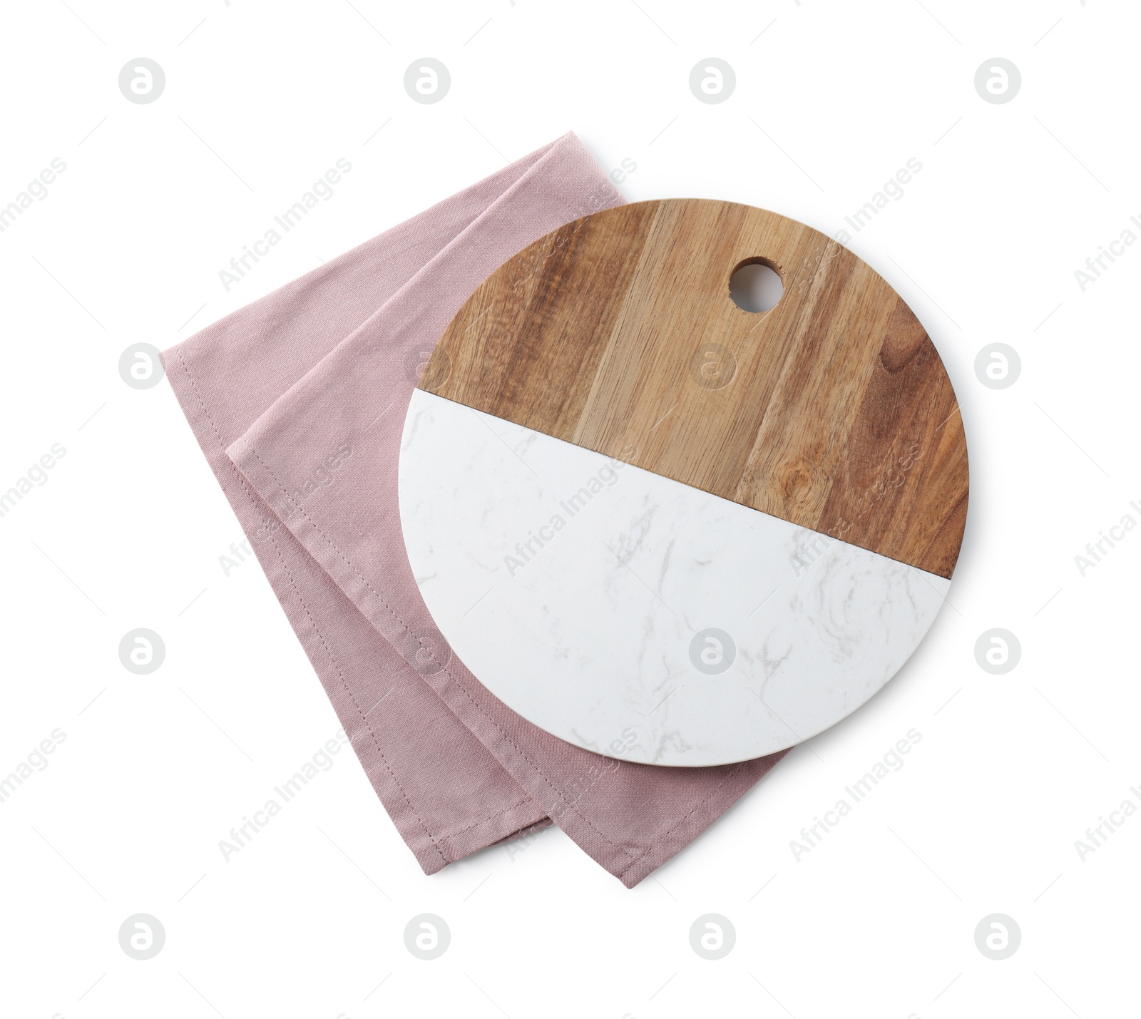 Photo of Cutting board and kitchen towel isolated on white, top view