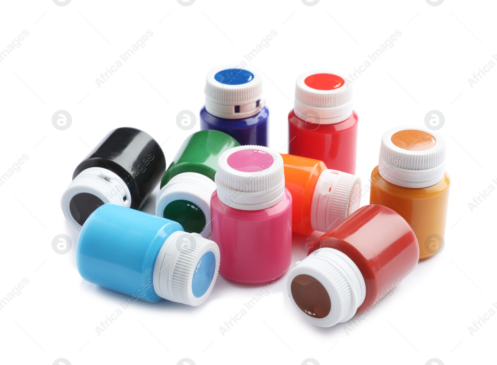 Photo of Jars with colorful paints on white background. Artistic equipment for children