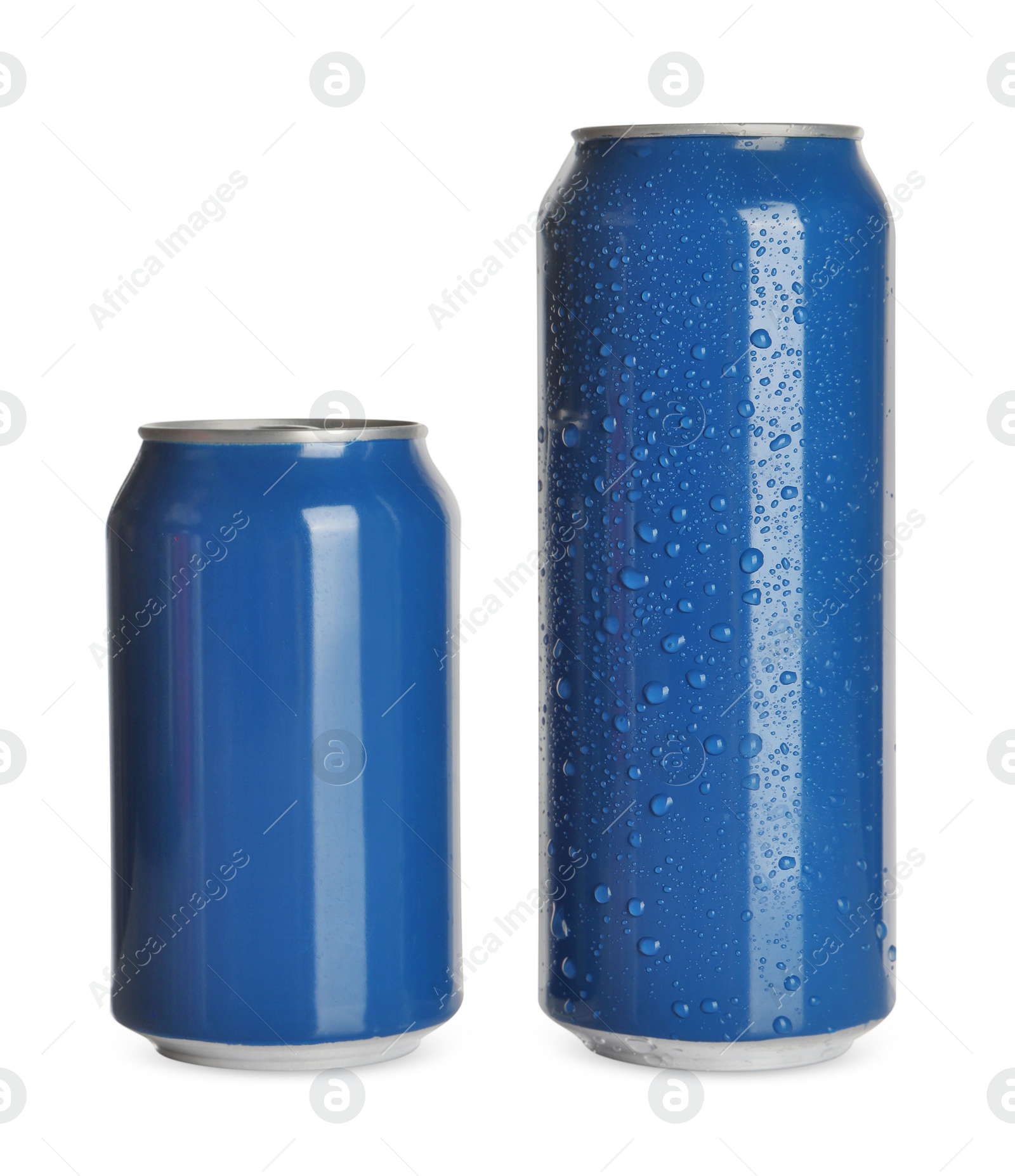 Photo of Aluminum cans with drinks on white background