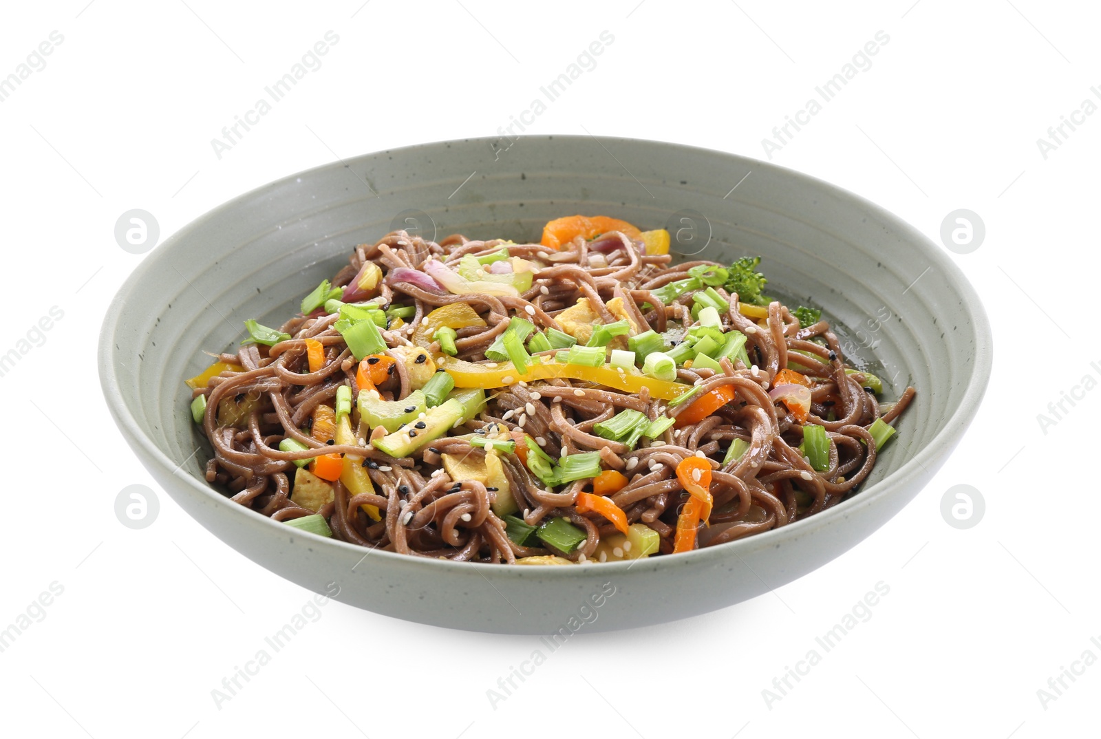 Photo of Stir-fry. Delicious cooked noodles with chicken and vegetables in bowl isolated on white