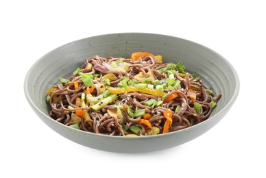 Photo of Stir-fry. Delicious cooked noodles with chicken and vegetables in bowl isolated on white