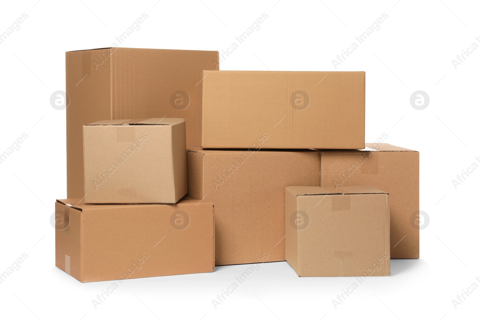 Photo of Many closed cardboard boxes on white background. Delivery service