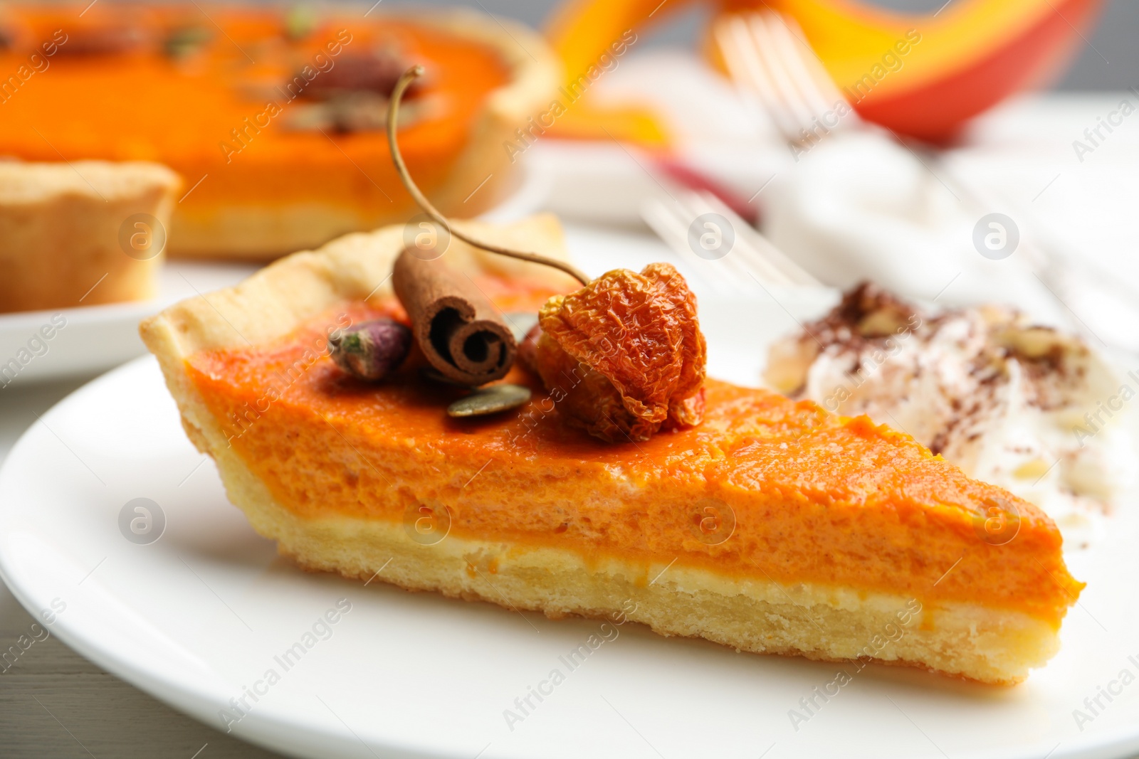 Photo of Slice of delicious homemade pumpkin pie on plate, closeup