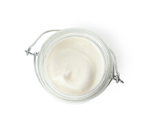 Photo of Glass jar with creamy yogurt on white background, top view