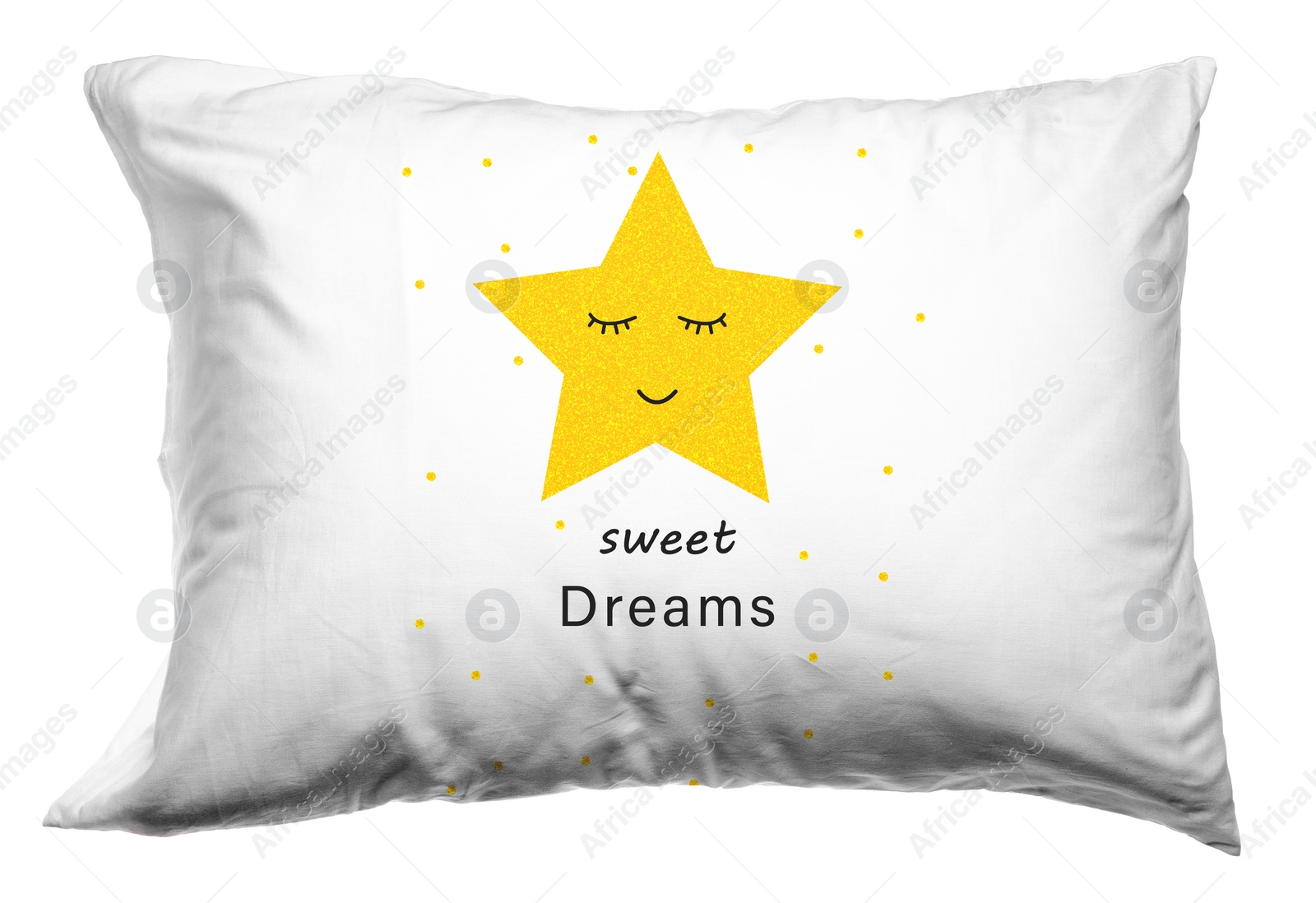 Image of Soft pillow with printed cute star and words Sweet Dreams isolated on white