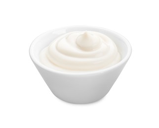 Photo of Tasty mayonnaise sauce in bowl isolated on white