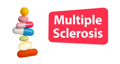 Image of Multiple sclerosis treatment. Stack of different colorful pills on white background