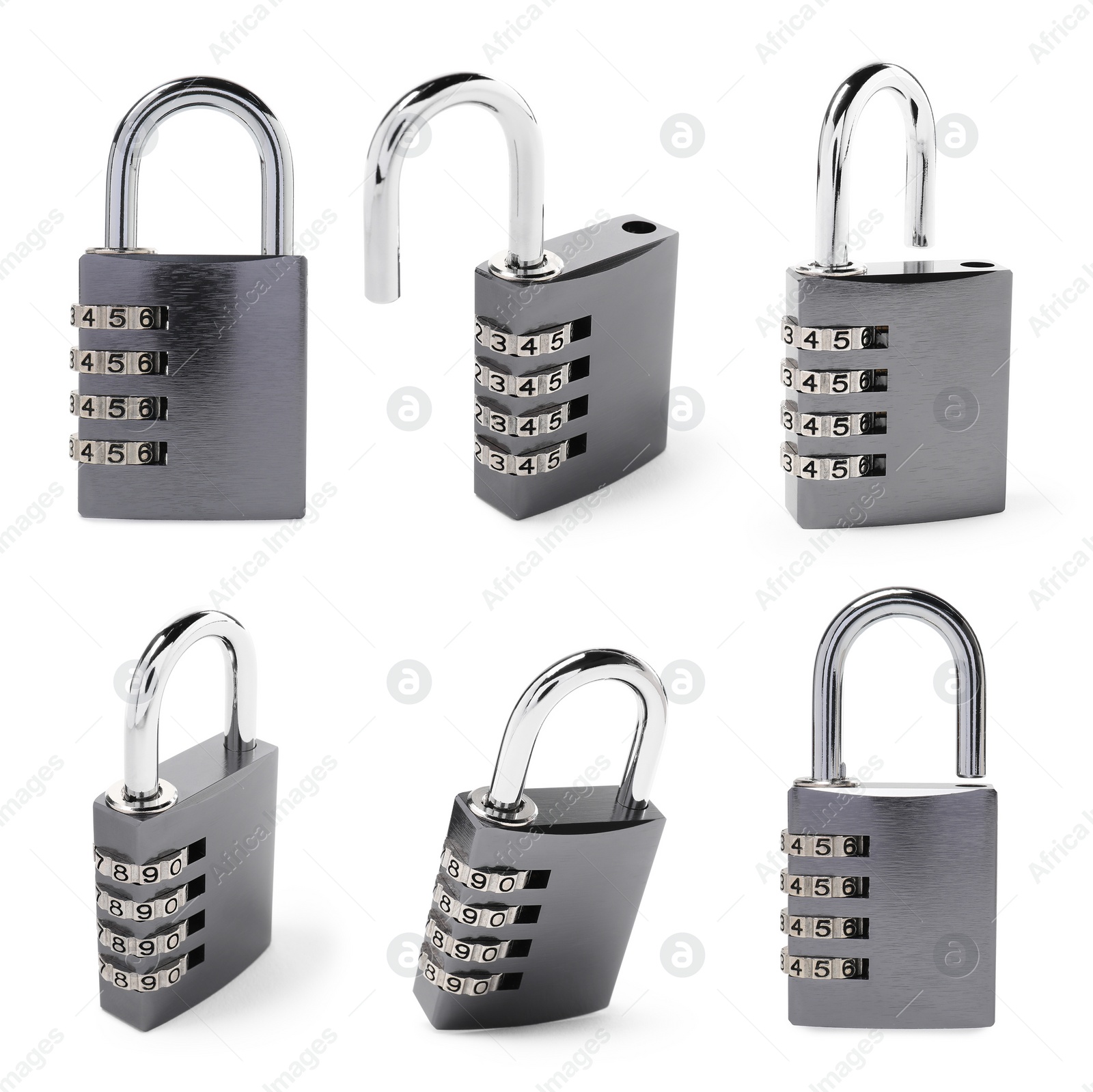 Image of Steel combination padlock isolated on white, different sides. Set