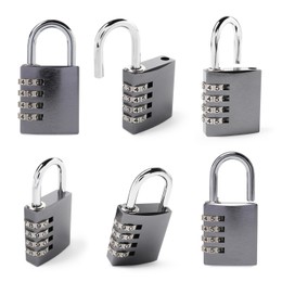 Steel combination padlock isolated on white, different sides. Set