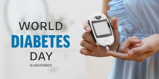 Image of World Diabetes Day. Woman checking blood sugar level with digital glucometer on blurred background, closeup. Banner design