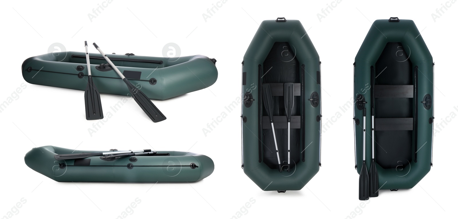 Image of Set with inflatable rubber fishing boats on white background, top view. Banner design