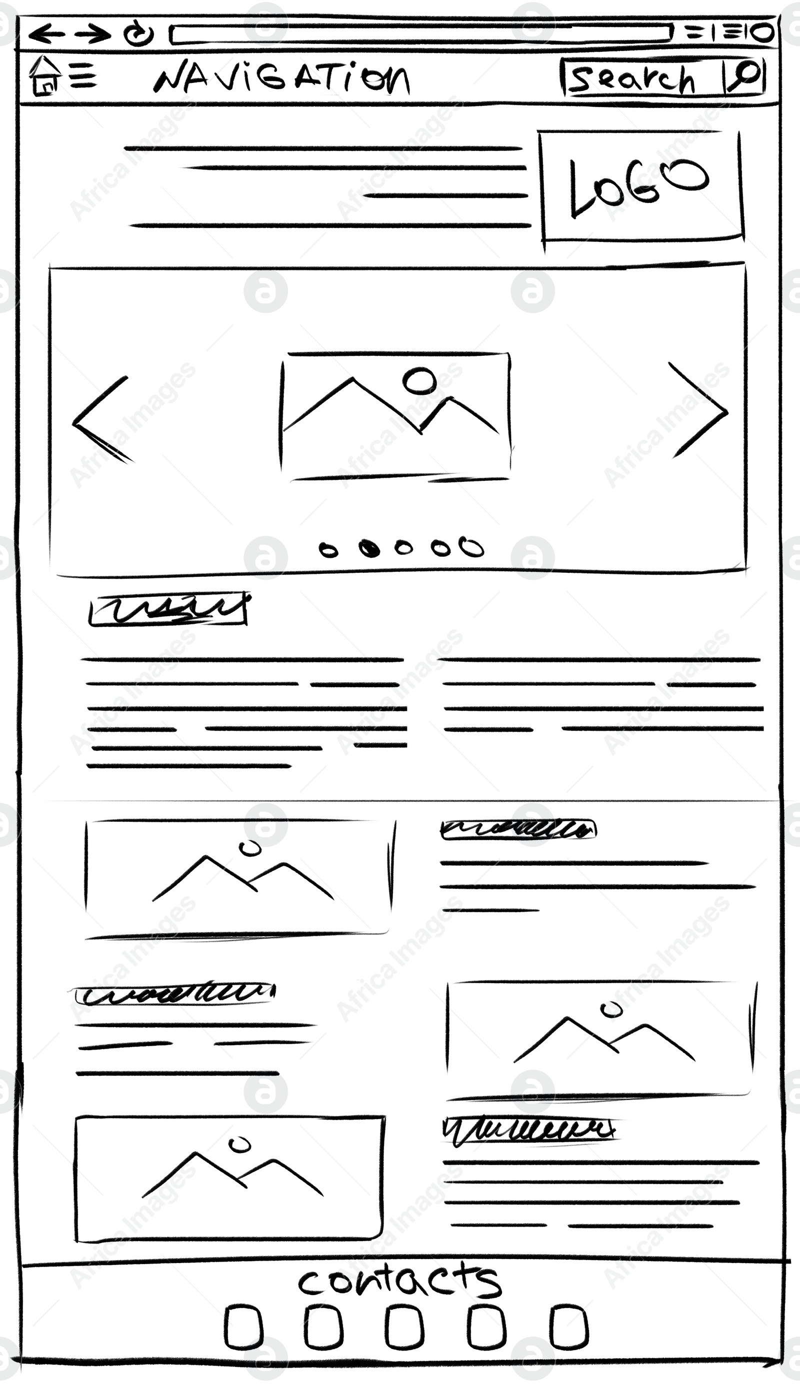 Image of Website design template. Wireframe with different elements on white background