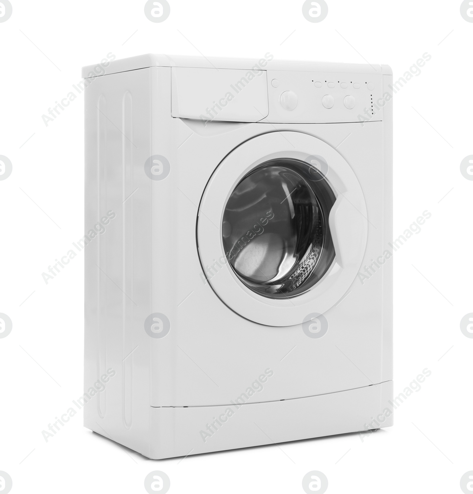 Photo of Modern washing machine isolated on white. Laundry day