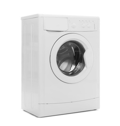 Photo of Modern washing machine isolated on white. Laundry day