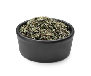 Bowl of dry tarragon isolated on white