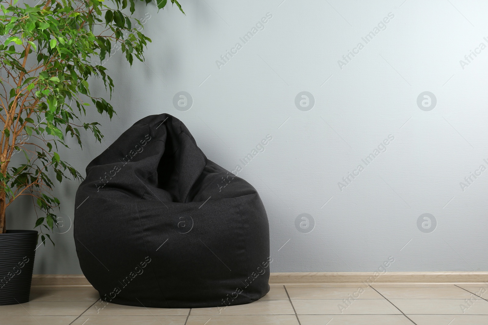 Photo of Black bean bag chair and houseplant near light grey wall in room. Space for text