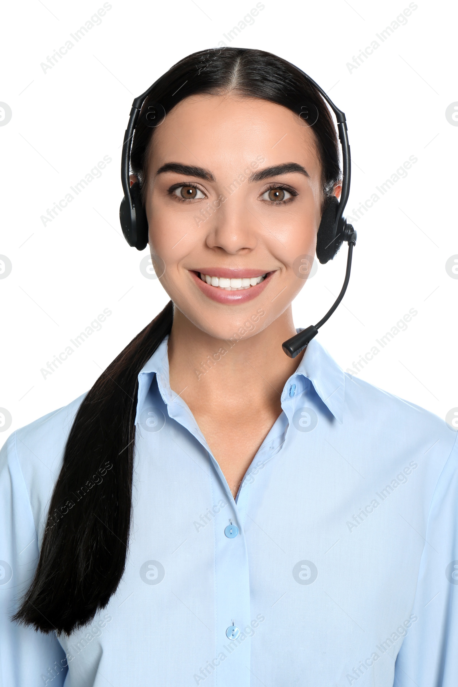 Photo of Beautiful young consulting manager with headset on white background