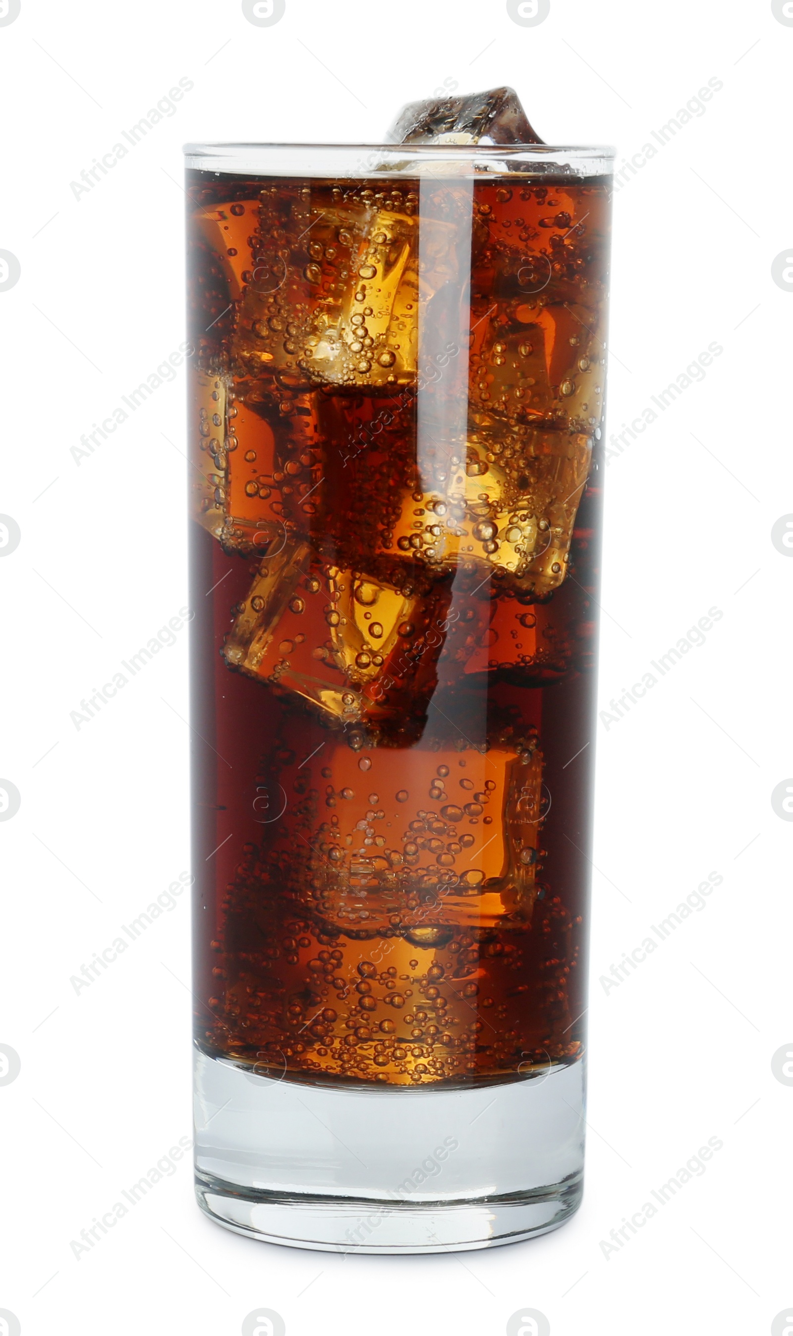 Photo of Glass of cola with ice cubes isolated on white. Refreshing soda water