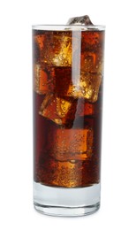 Glass of cola with ice cubes isolated on white. Refreshing soda water
