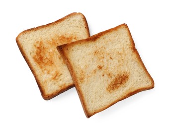 Pieces of fresh toast bread isolated on white, top view