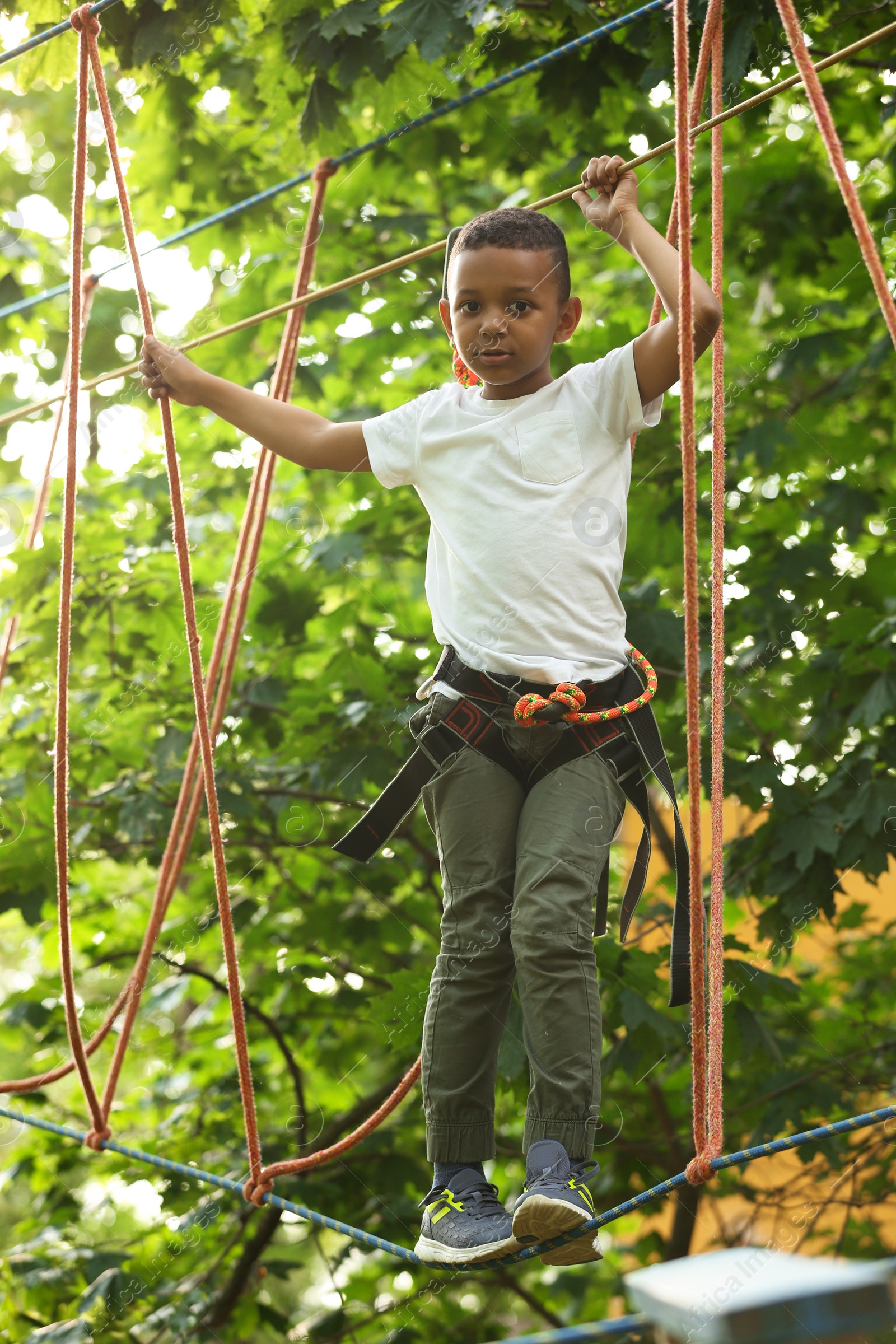 Photo of Little African-American boy climbing in adventure park. Summer camp