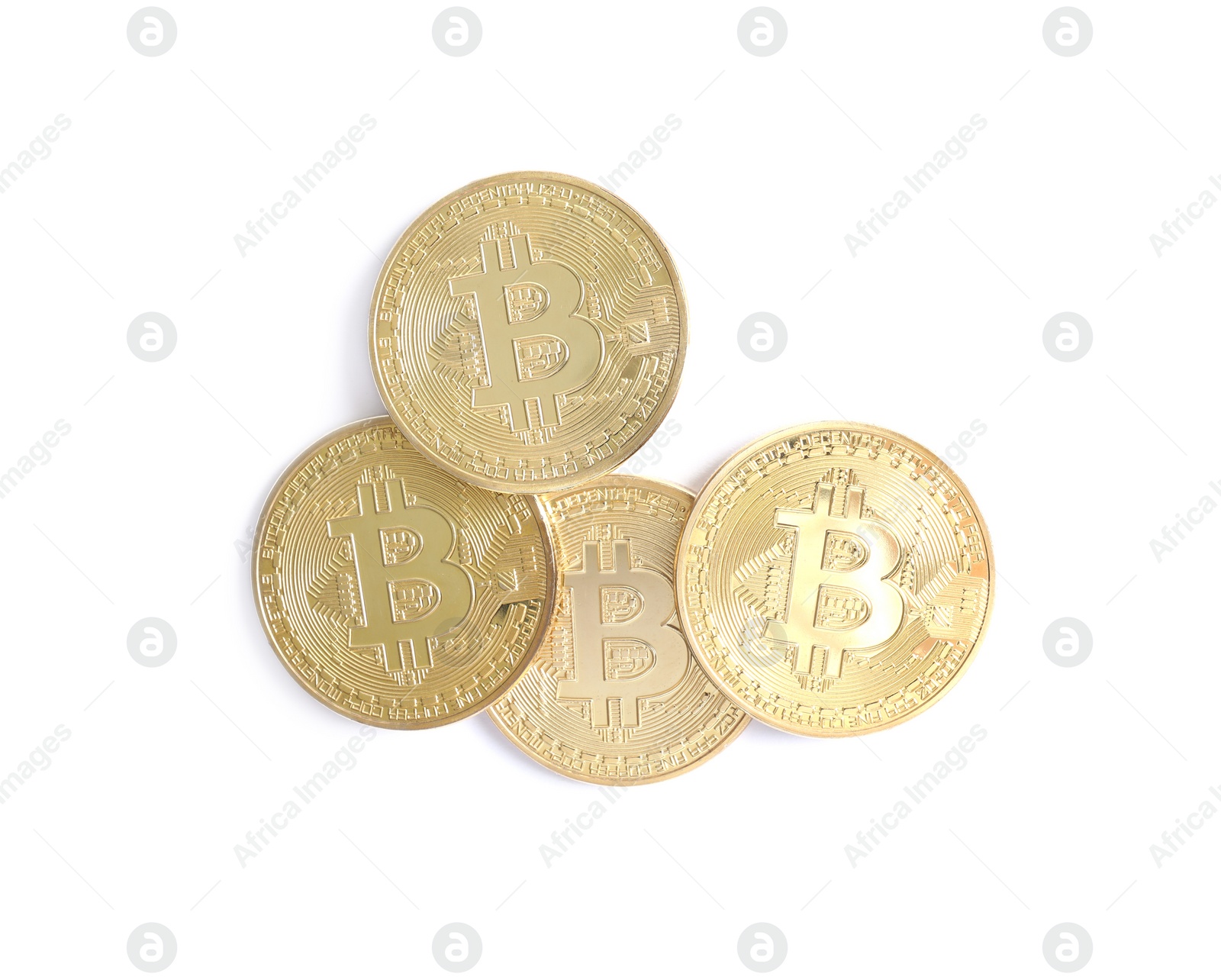 Photo of Pile of bitcoins isolated on white, top view. Digital currency