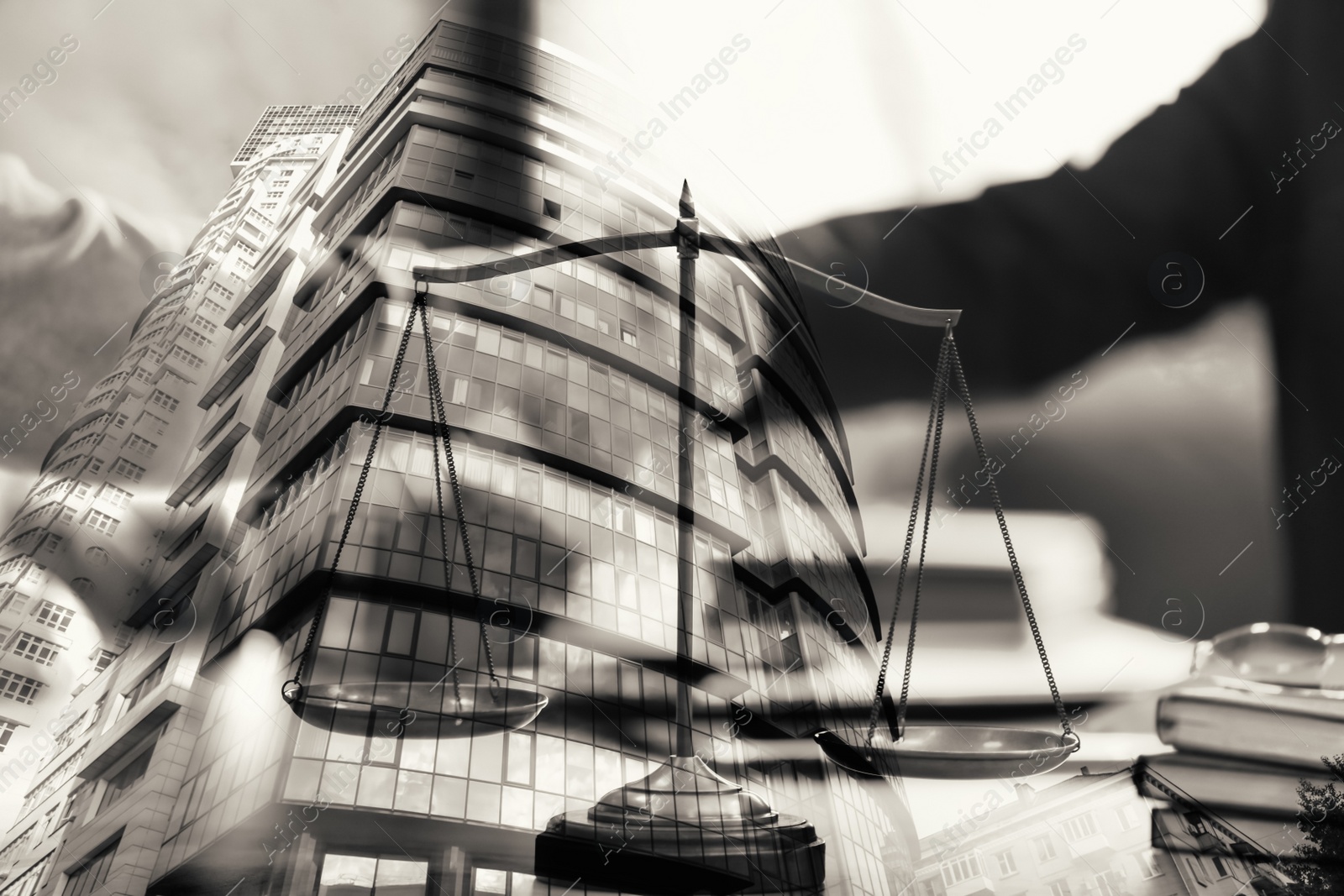 Image of Law protection. Double exposure of scales and building