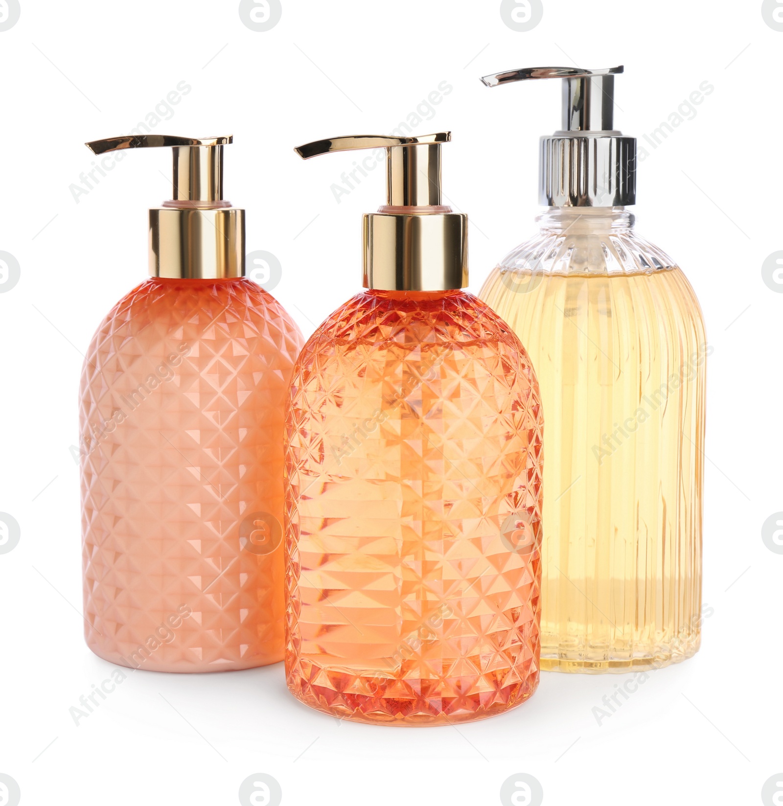 Photo of Stylish dispensers with liquid soap on white background