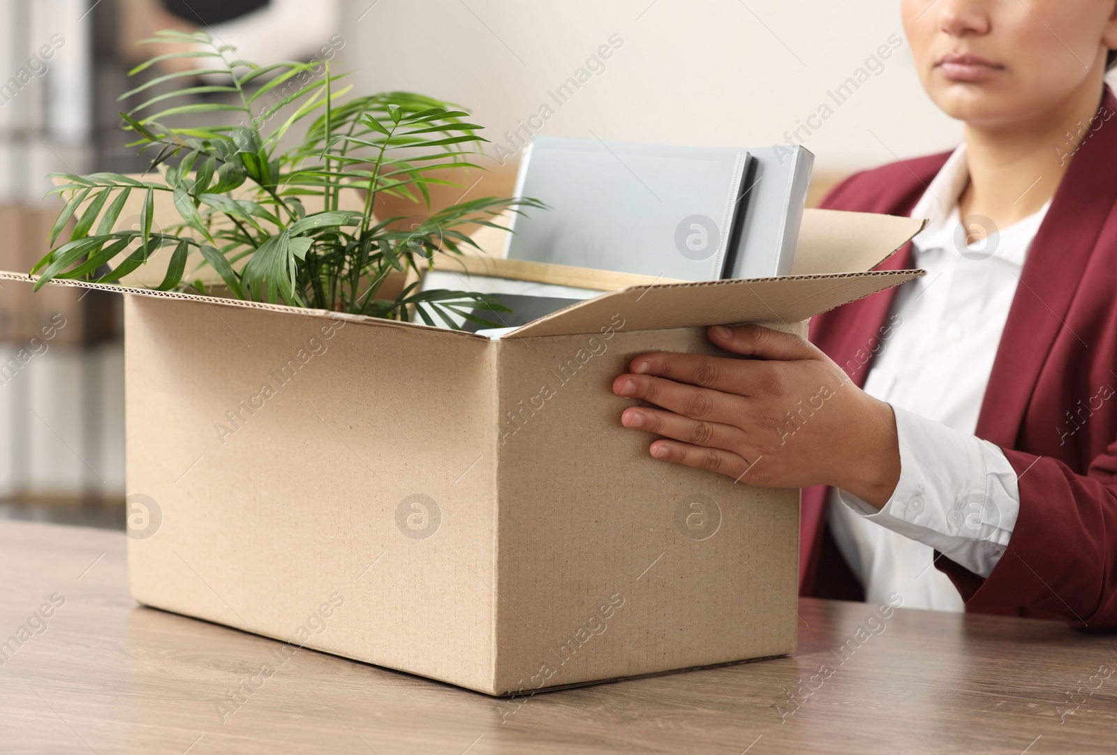Photo of Unemployment problem. Woman with box of personal belongings at table in office, closeup
