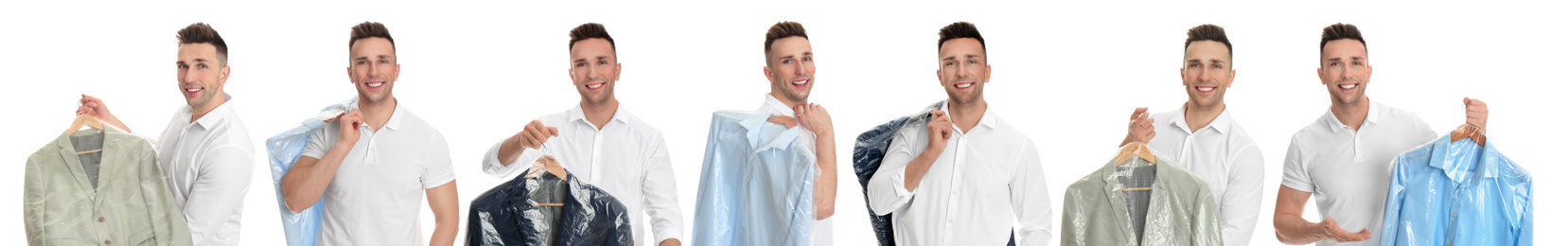 Collage of man holding hanger with clothes on white background. Dry-cleaning service