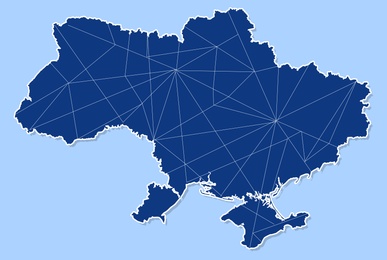 Illustration of Ukraine outline filed with lines on light blue background, illustration