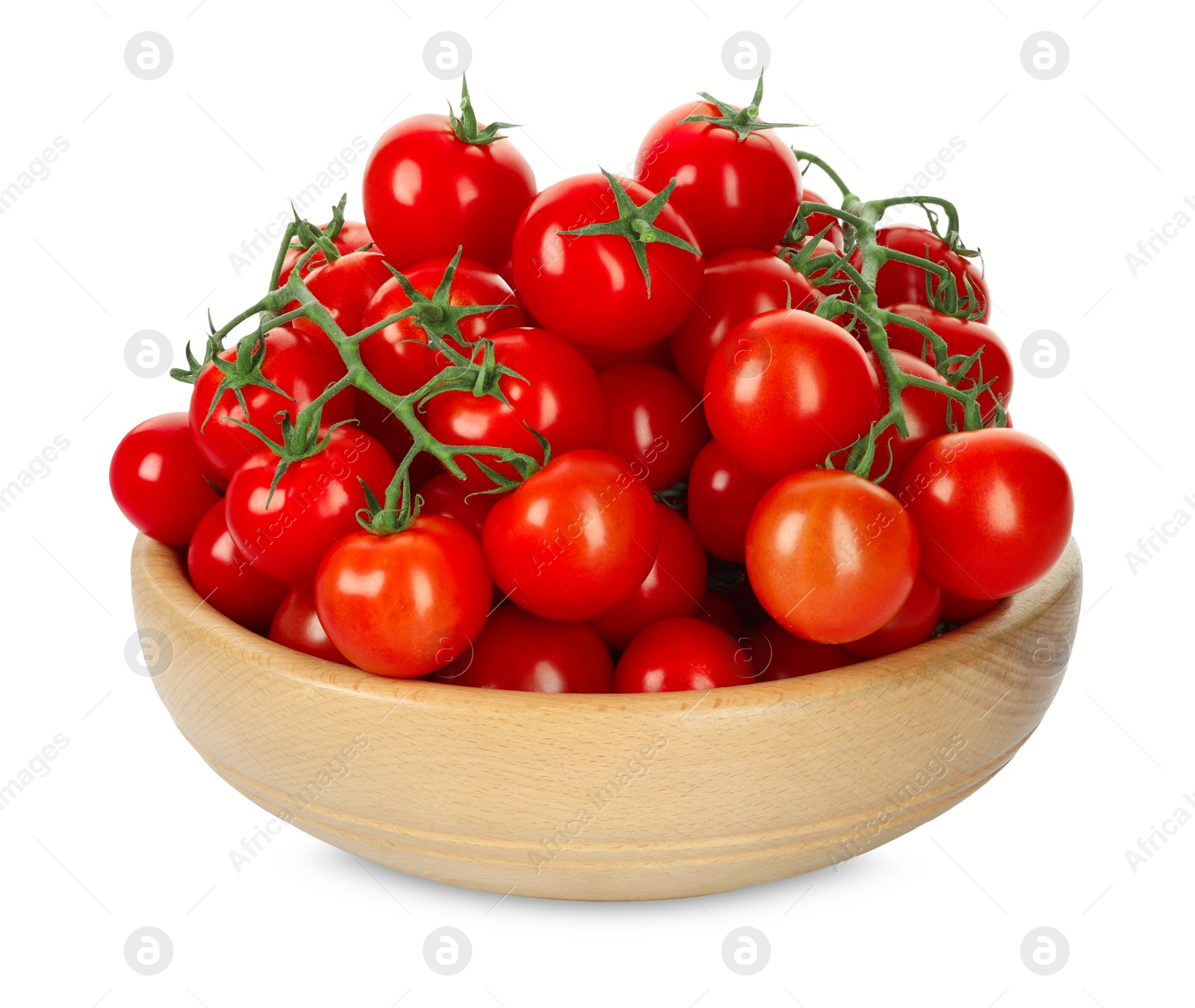 Photo of Wooden bowl with fresh ripe cherry tomatoes isolated on white