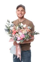 Photo of Delivery man with beautiful flower bouquet isolated on white