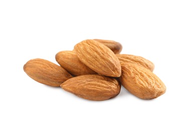 Photo of Organic almond nuts on white background. Healthy snack