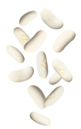 Many beans falling on white background, vertical banner design. Vegan diet 