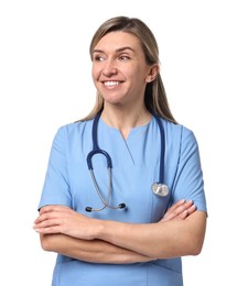 Photo of Portrait of happy doctor with stethoscope on white background