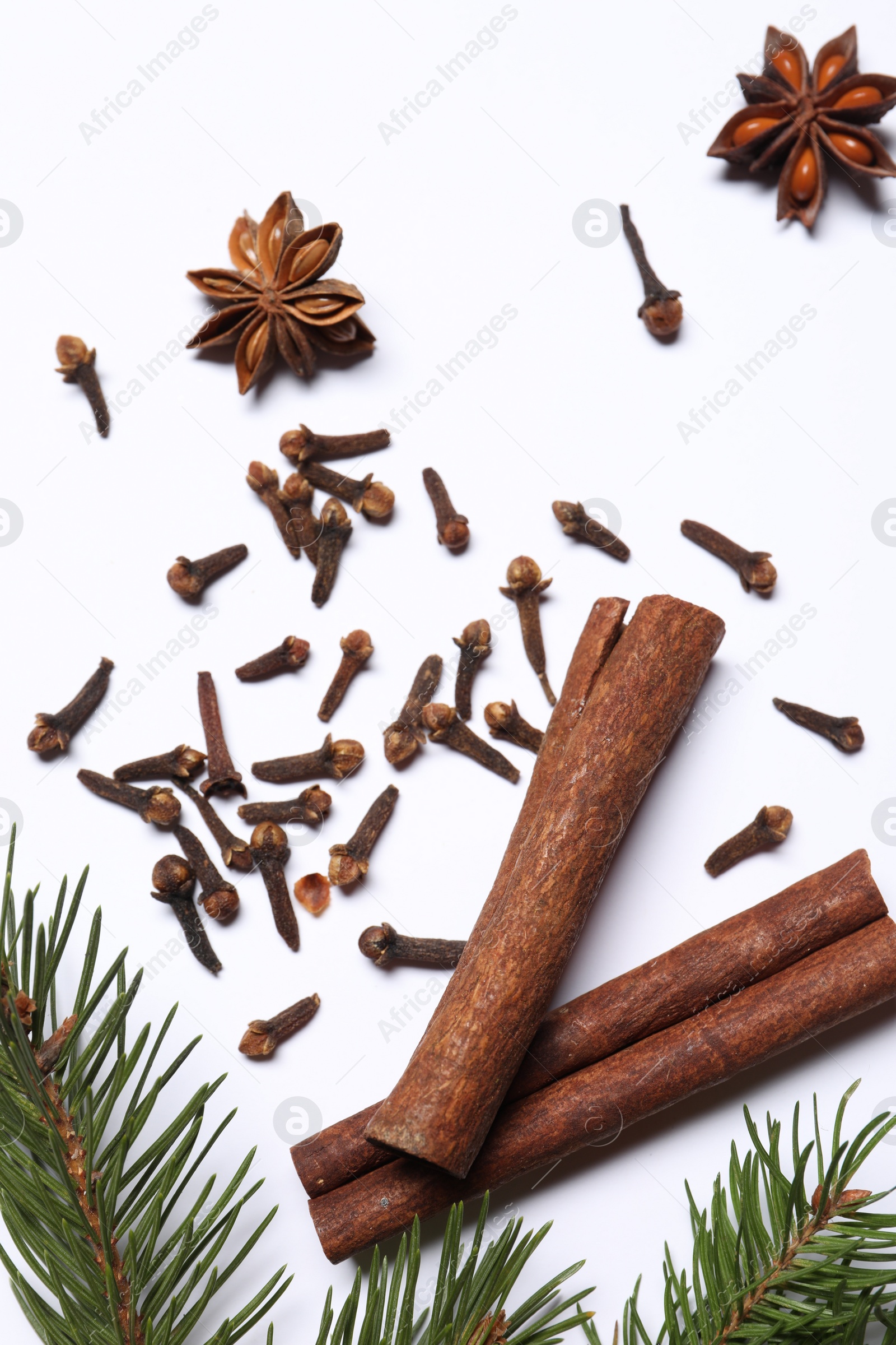 Photo of Different spices and fir branches on white table, flat lay