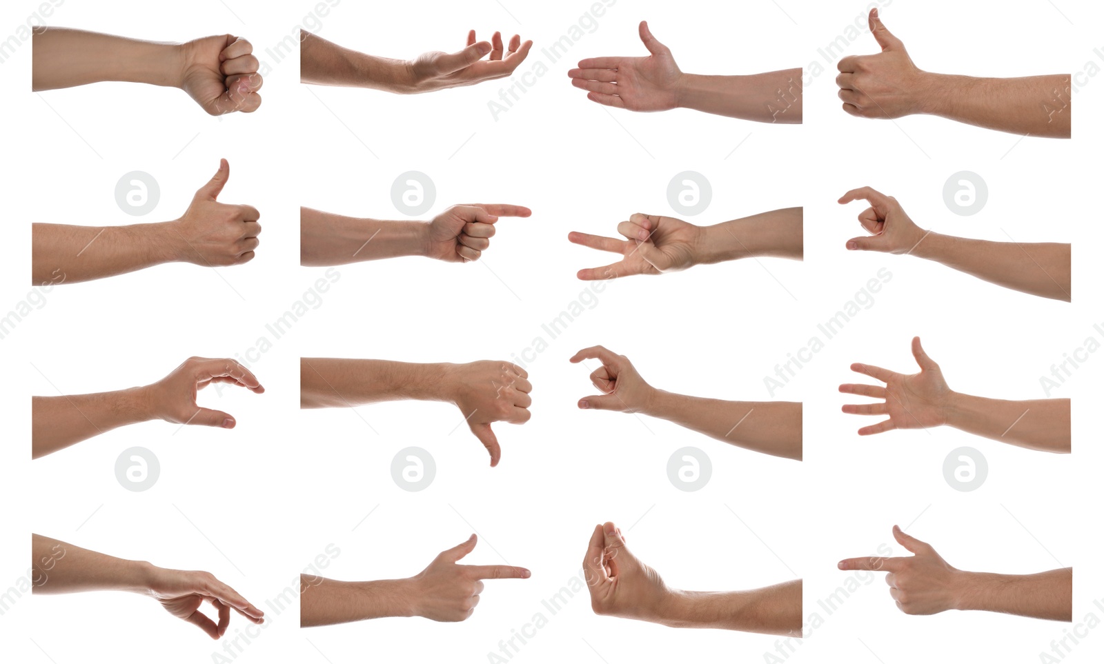 Image of Collage with man showing different gestures on white background, closeup view of hands