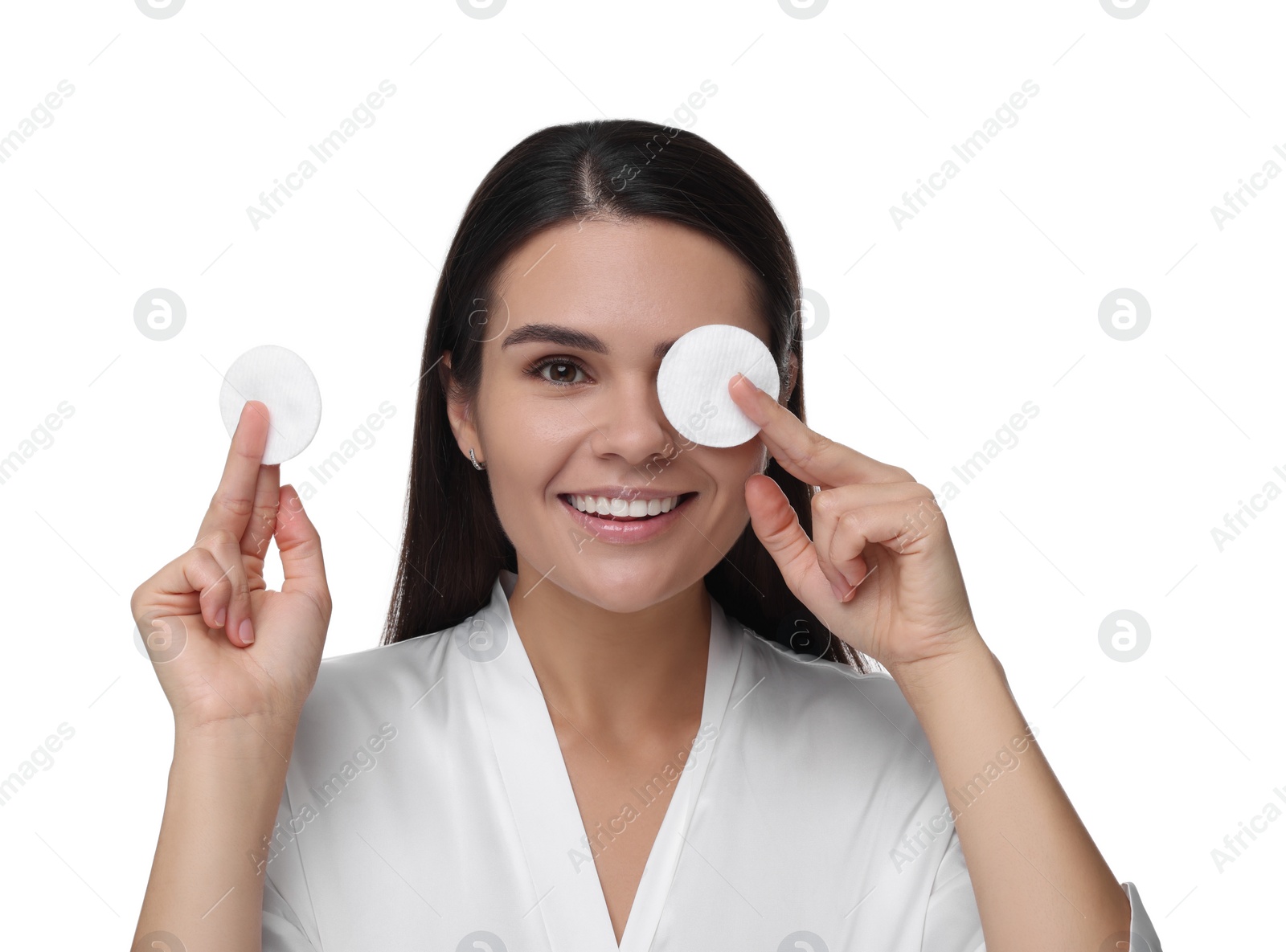 Photo of Young woman with cotton pads on white background