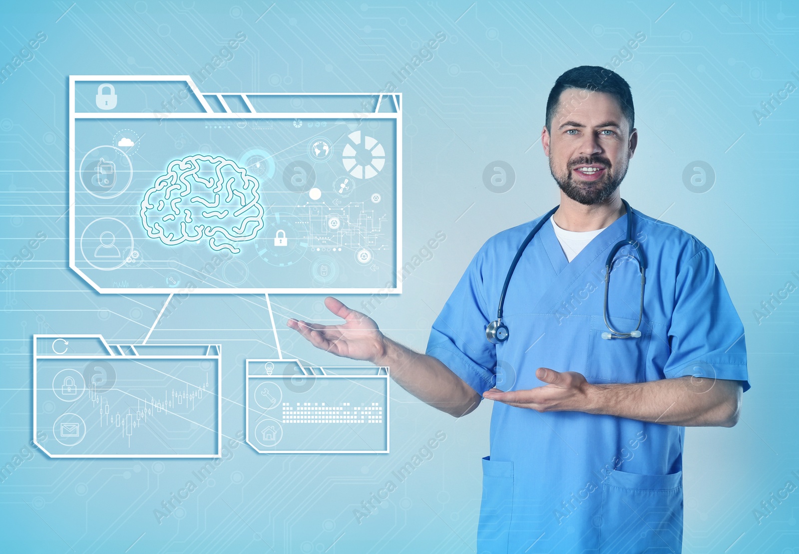 Image of Mature doctor demonstrating machine learning model on blue background