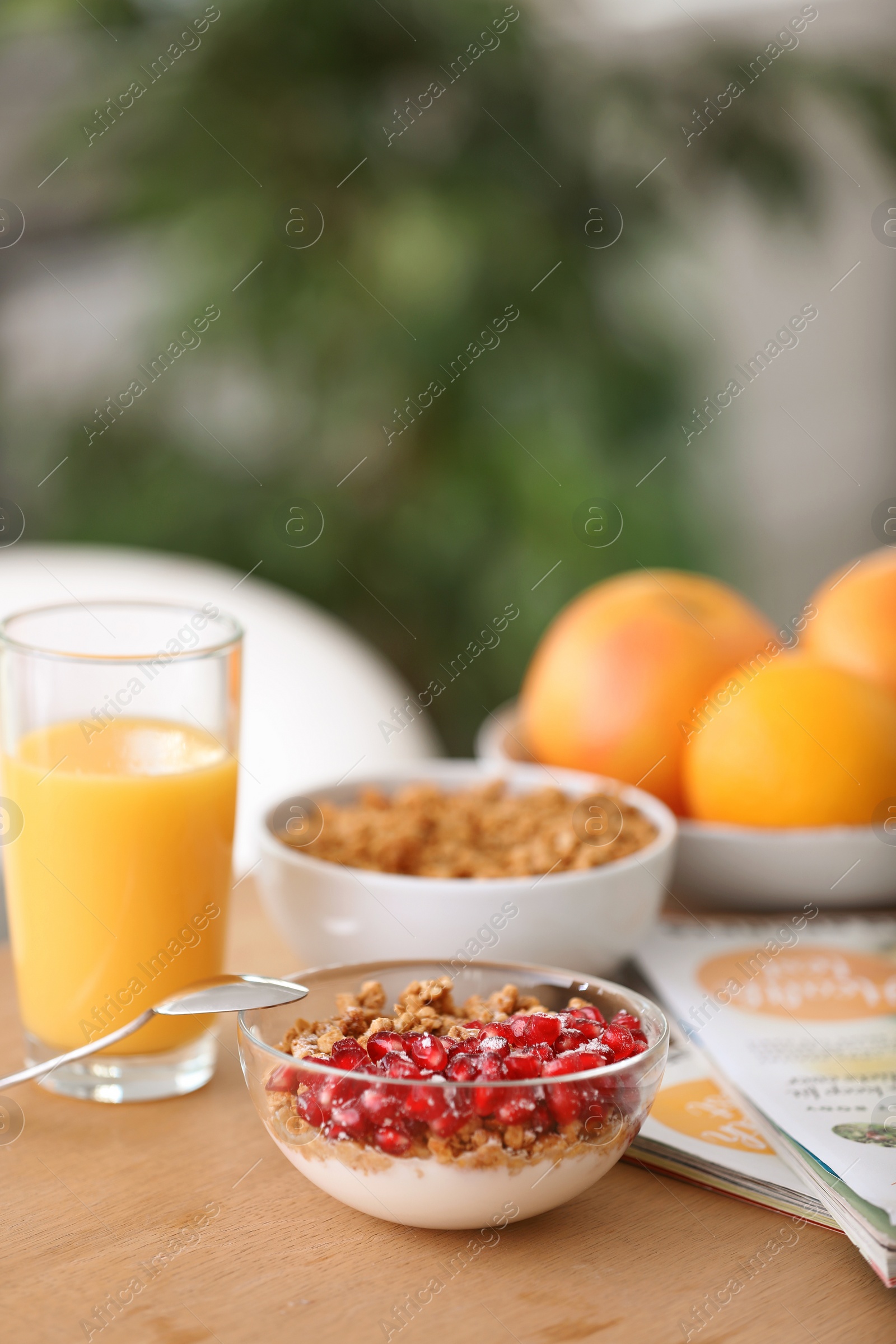 Photo of Healthy breakfast served on table at home. Fitness diet