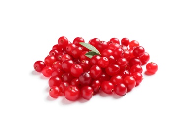 Photo of Pile of fresh ripe cranberries on white background