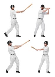 Baseball player with bat on white background, set of photos